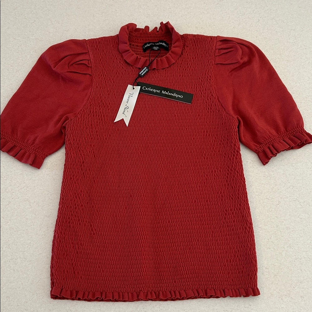 Catherine Malandrino Smocked Stretch Ruffle Blouse Top NWT Medium Viscose Henna
